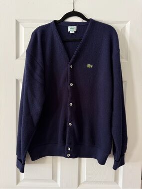Vintage Lacoste Men's Dark Navy Button-Up Cardigan with Green Logo